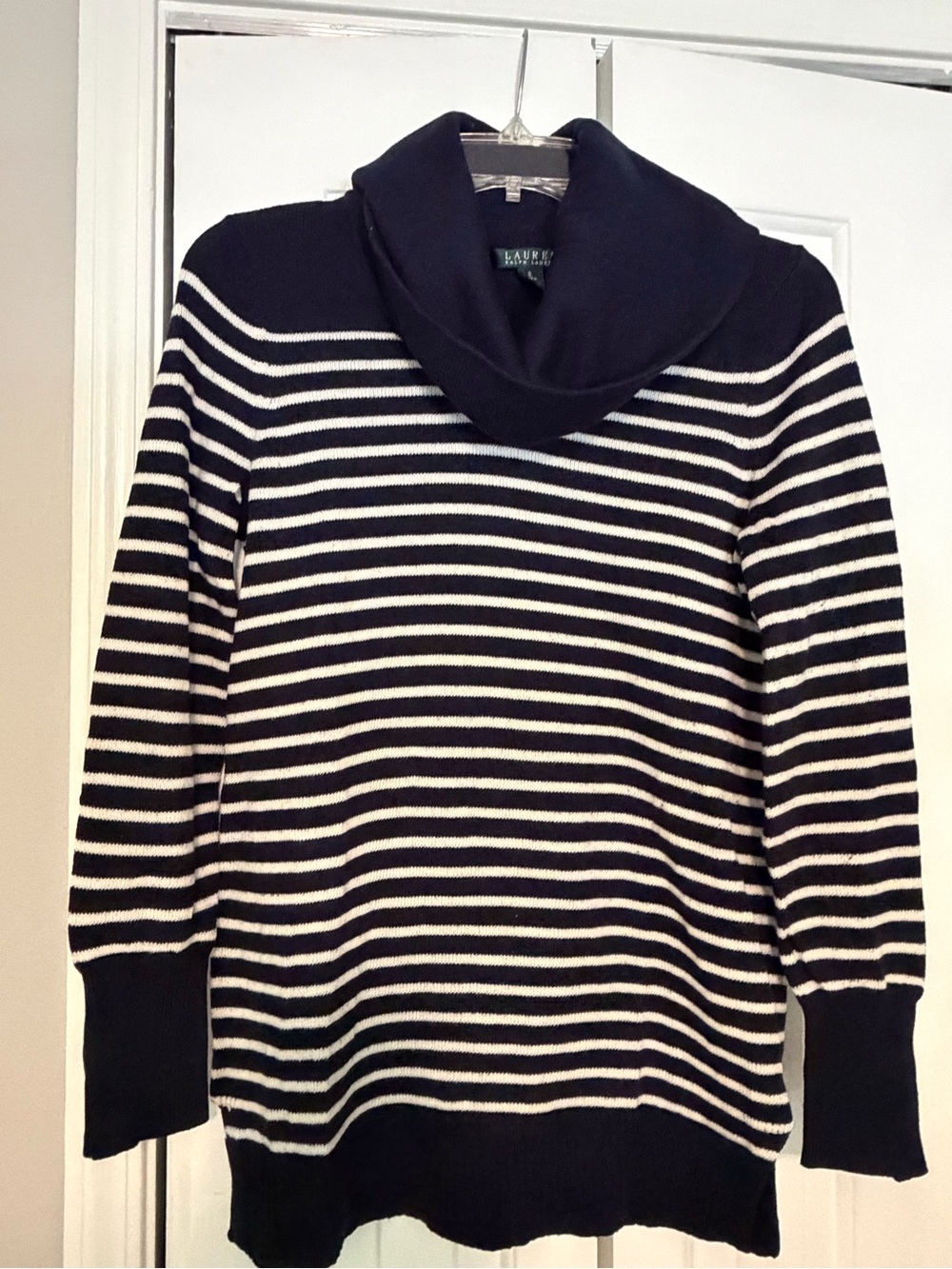 Ralph Lauren Navy and White Striped Cowl Neck Sweater with button sleeve detail